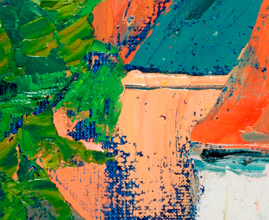 artist rod coyne's dutch cityscape "Mondrians church" is shown here in close up detail.