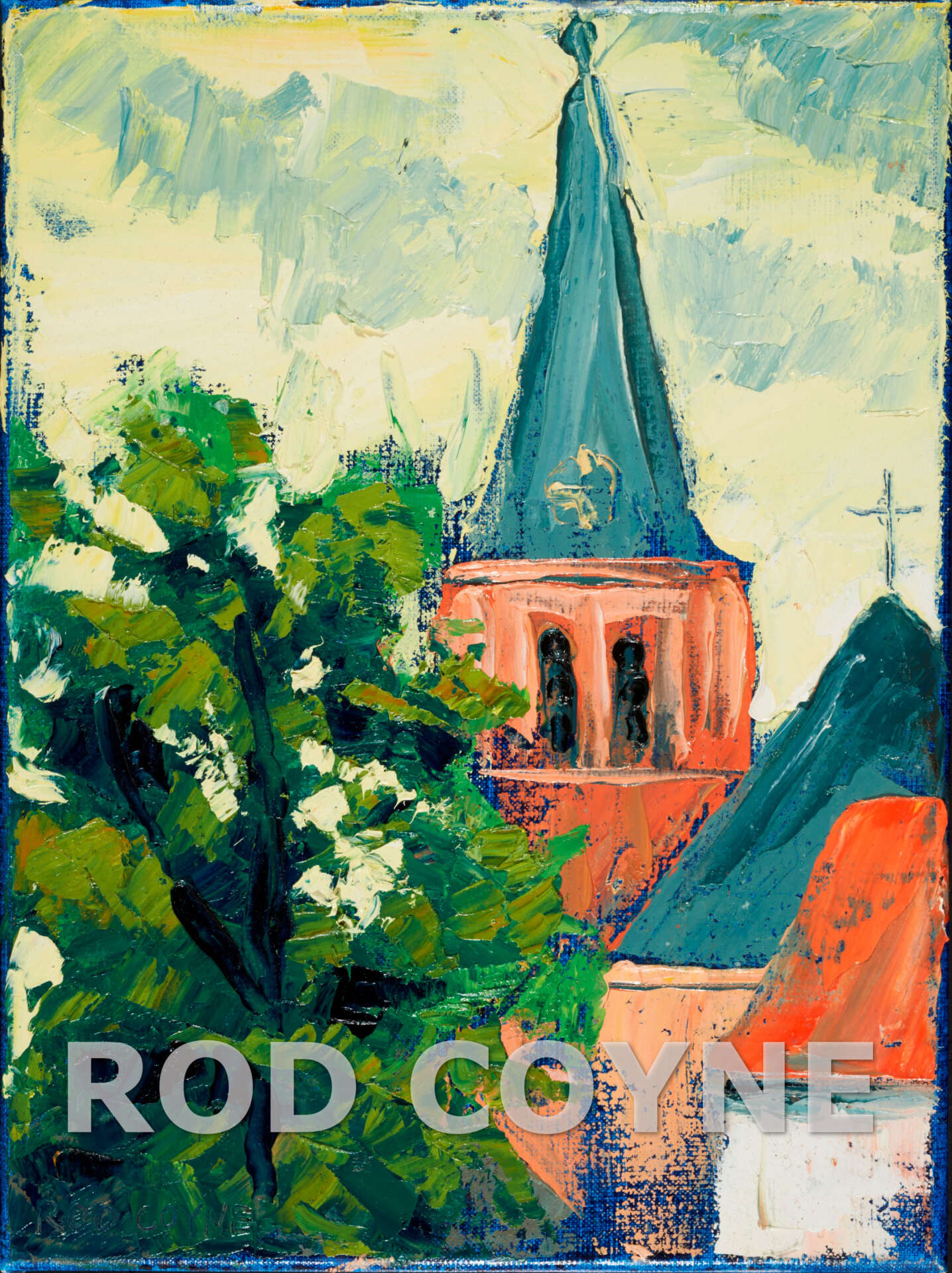 Rod Coyne's painting of Mondrian church Domburg.