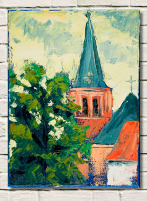 artist rod coyne's dutch cityscape "Mondrians church" is shown here on white wall.