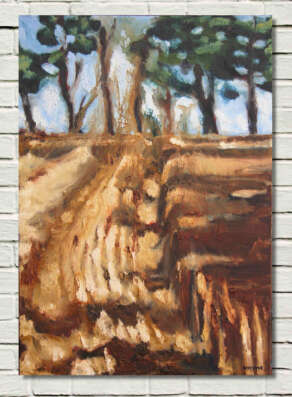 rod coyne's painting "Barley Harvest" unframed on a white wall.