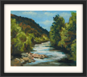 artist rod coyne's painting "meeting of the waters" is shown here, on white mount in a black frame.