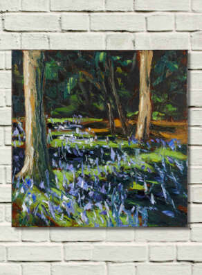landscape painting "crazy dancing bluebells" a painting by artist rod coyne. here displayed on a white wall.