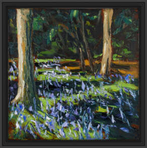 landscape painting "crazy dancing bluebells" a painting by artist rod coyne. here displayed in a black frame