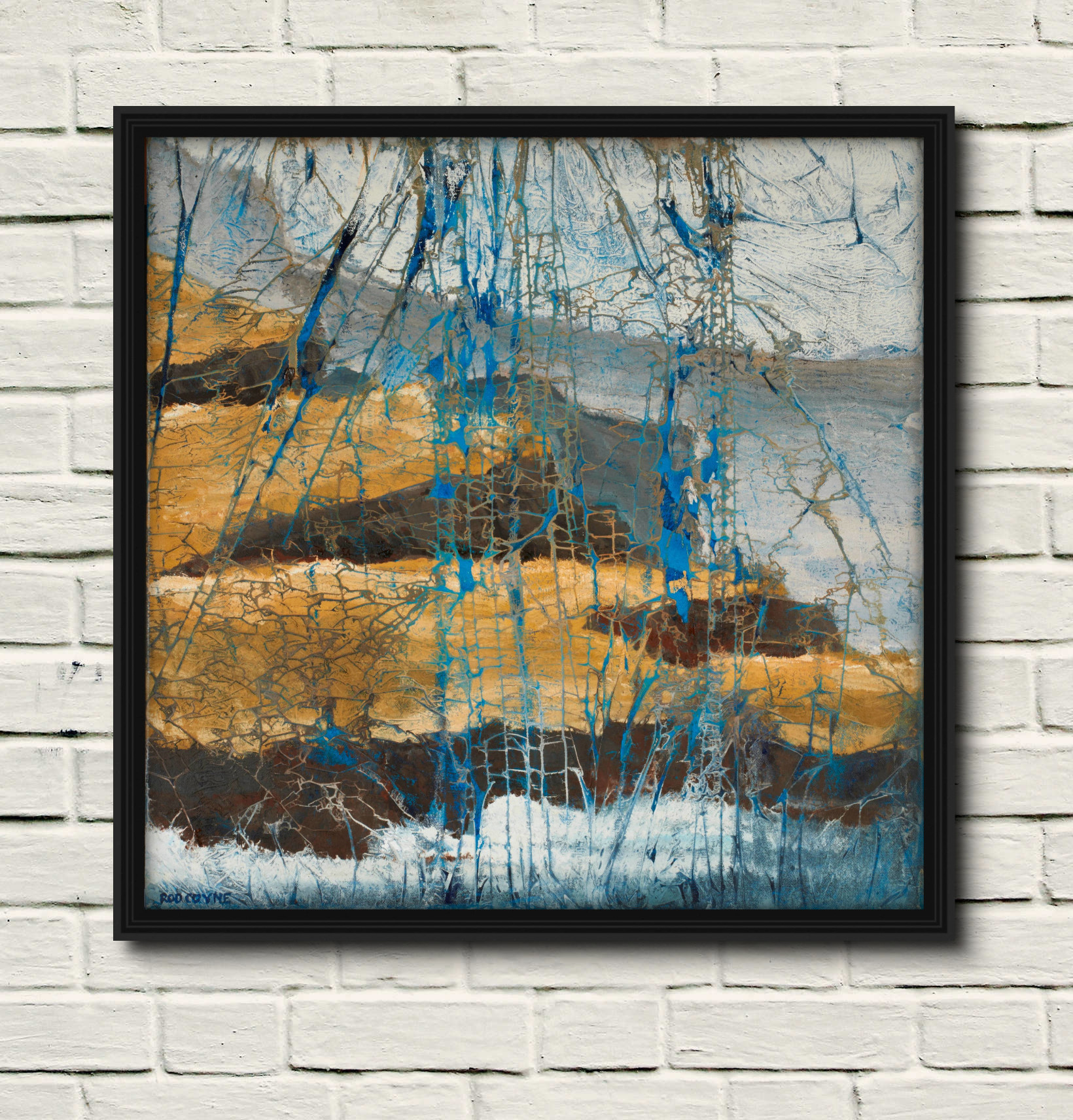 artitst rod coyne's painting "puffin sound" is displayed on a white wall in a black frame
