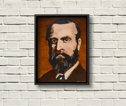 C.S. Parnell portrait framed in black on a rustic white wall.