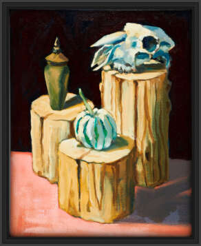 artist Rod Coyne's painting "Sheep Skull Still Life" in a black frame.