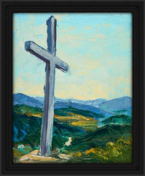 artist rod coyne's landscape painting "Avoca Miners Cross" is shown here, in a black frame.