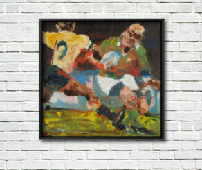 artist rod coyne's painting "Keith Wood, Takes Two to Tango" is shown here framed on a white brick wall.