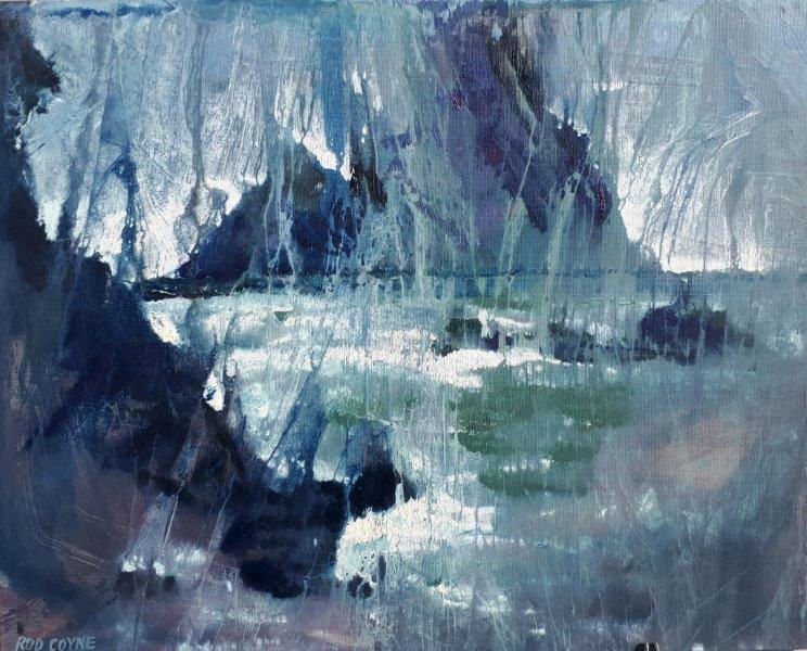 Image of Rod Coyne's "Irregular's Vision". Painted on residency in 2017 it features Skellig Michael in the Origin Gallery from 15th March 2019.