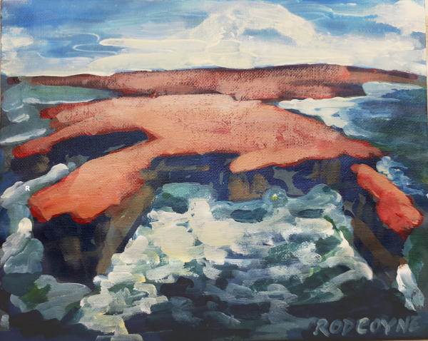 An image of Rod Coyne's dramatic seascape painting entitled "Downpatrick Redhead"