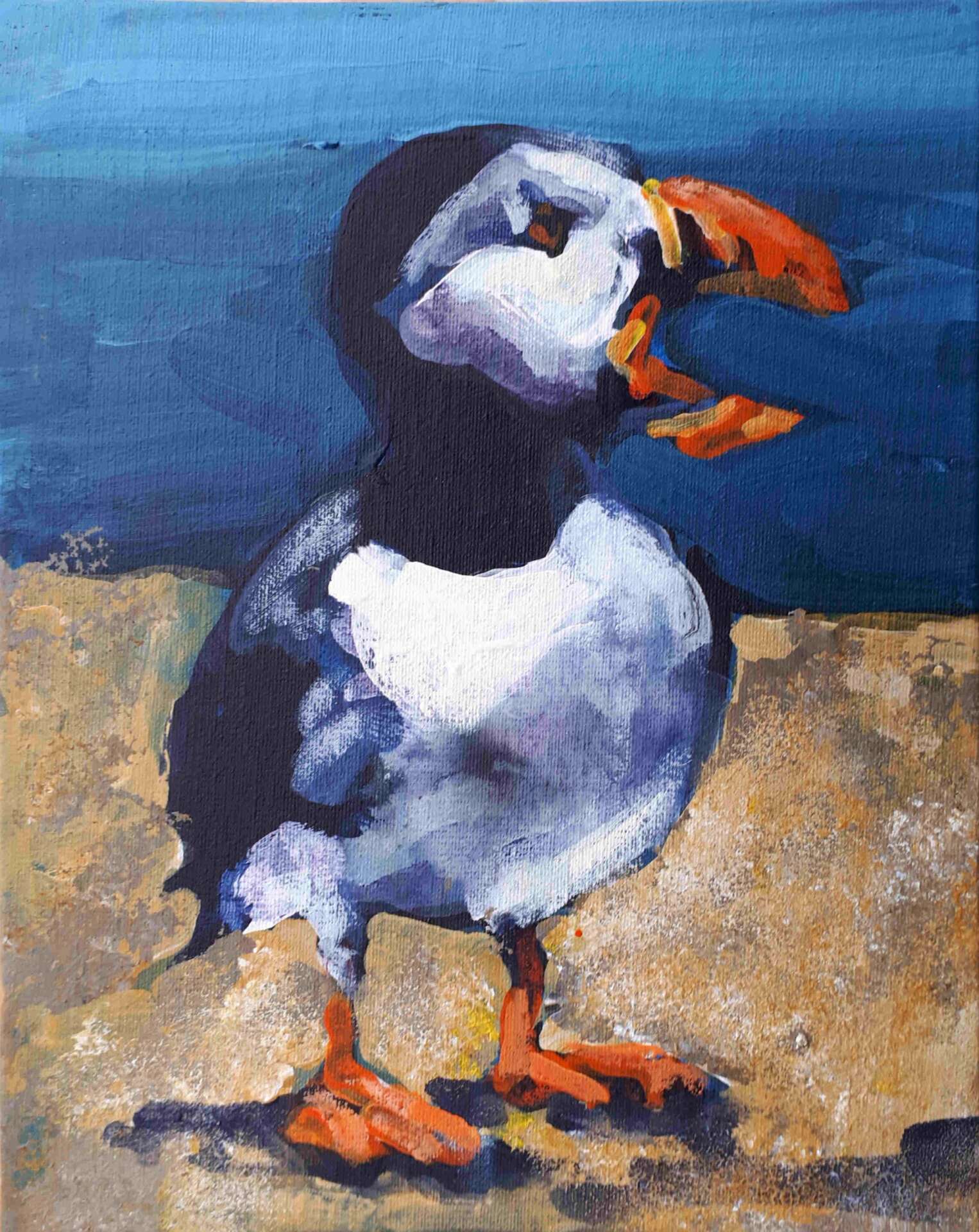 Image of "Preaching Puffin" a painting by Rod Coyne, unframed original.