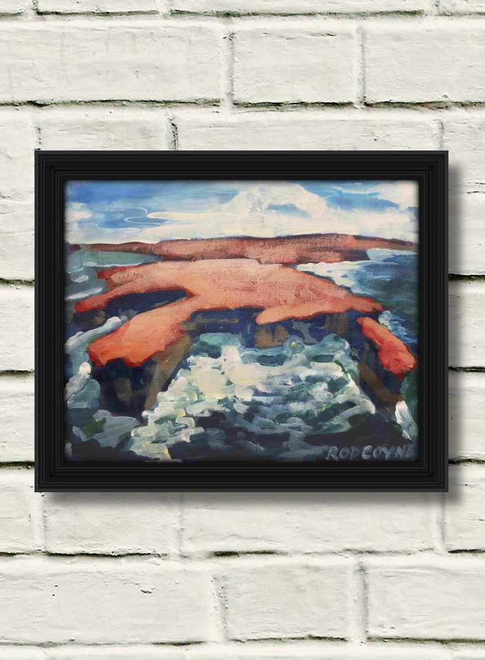 An image of Rod Coyne's dramatic seascape painting entitled "Downpatrick Redhead" is shown here framed on a rough white brick wall.