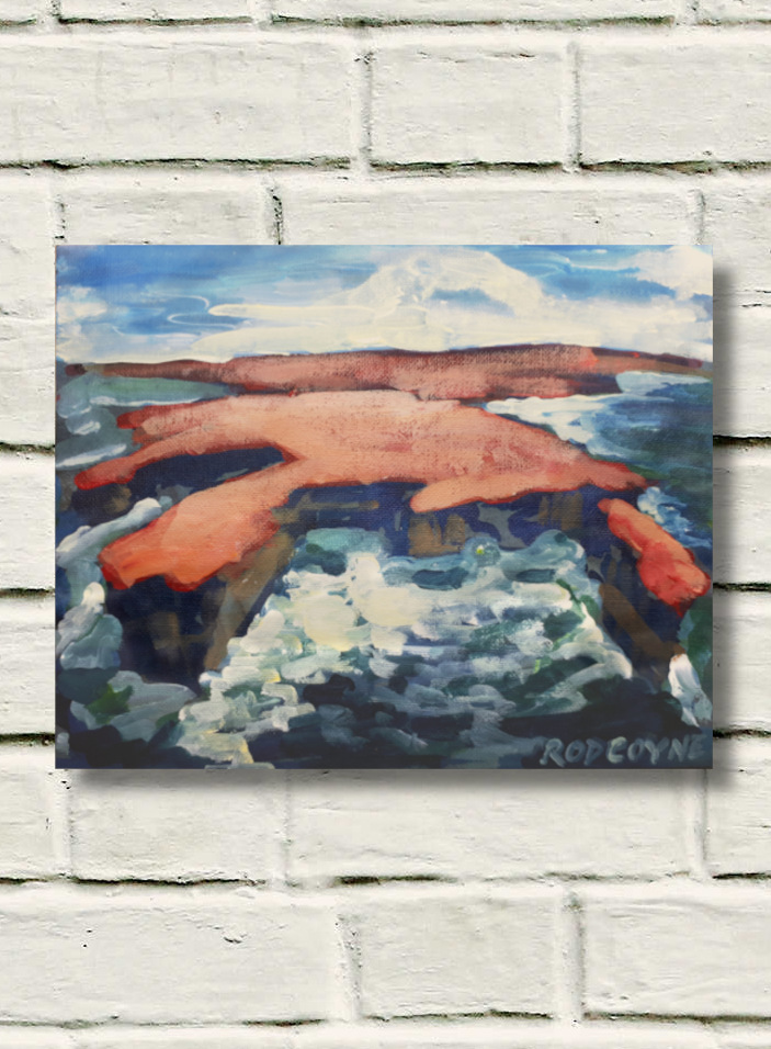 An image of Rod Coyne's dramatic seascape painting entitled "Downpatrick Redhead" is shown here unframed on a rough white brick wall.