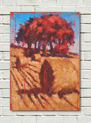 artist rod coyne's portrait "Scarlet harvest" is shown here unframed on a white wall.