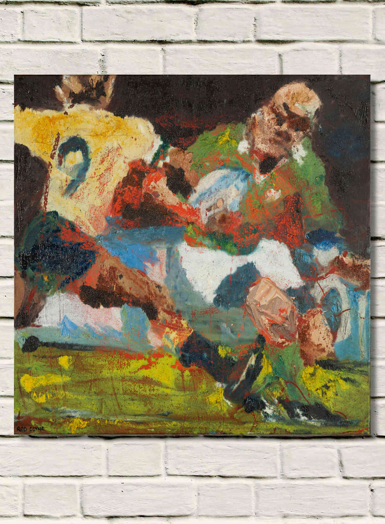 artist rod coyne's painting "Keith Wood, Takes Two to Tango" is shown here unframed on a white brick wall.