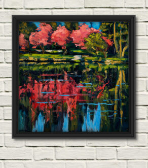 artist rod coyne's "rowdy rhodies" painting as canvas print displayed in a black frame on a white wall