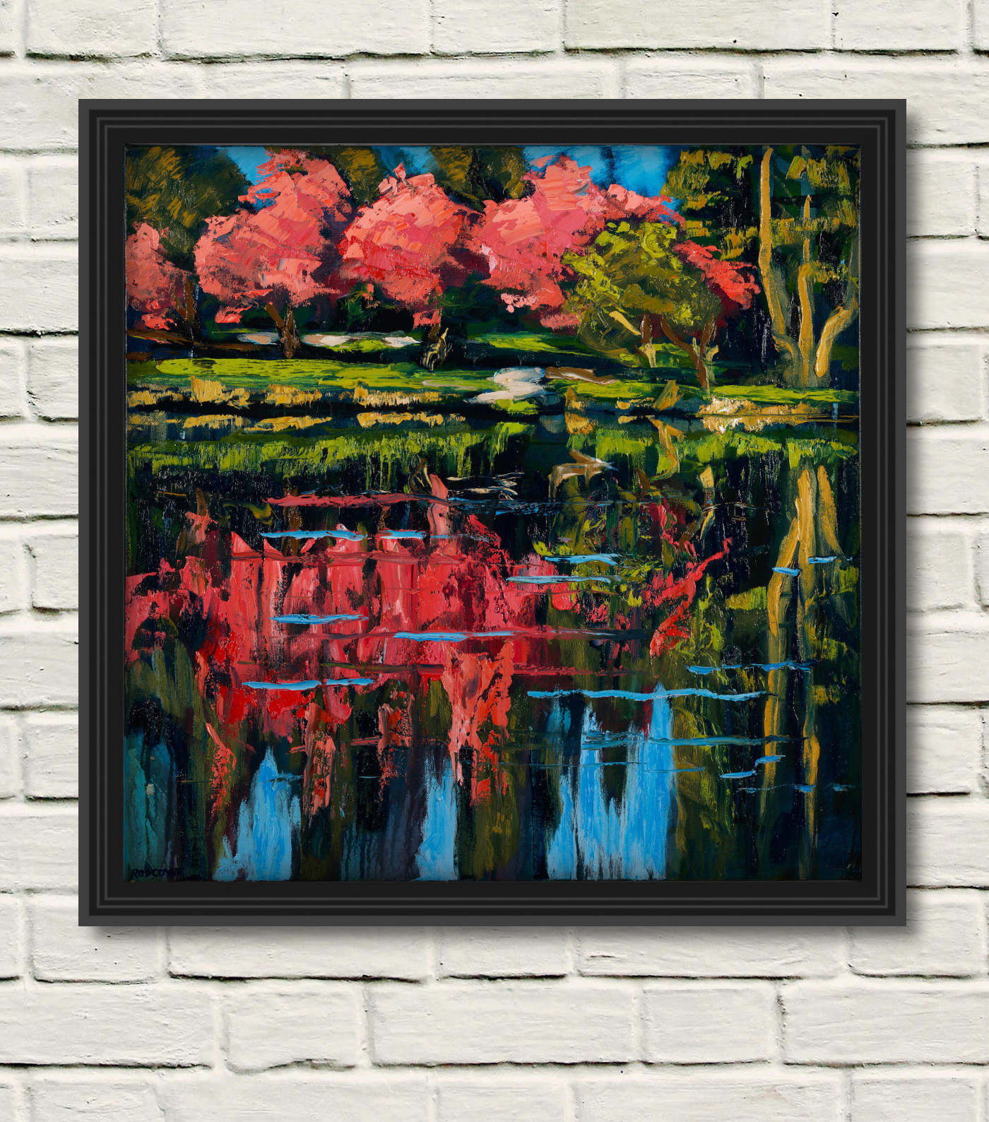 artist rod coyne's "rowdy rhodies" painting as canvas print displayed in a black frame on a white wall