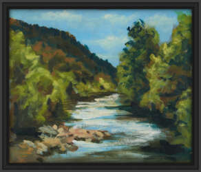 rod coyne's canvas print of his meeting of the waters painting is displayed here on a white wall in a black frame