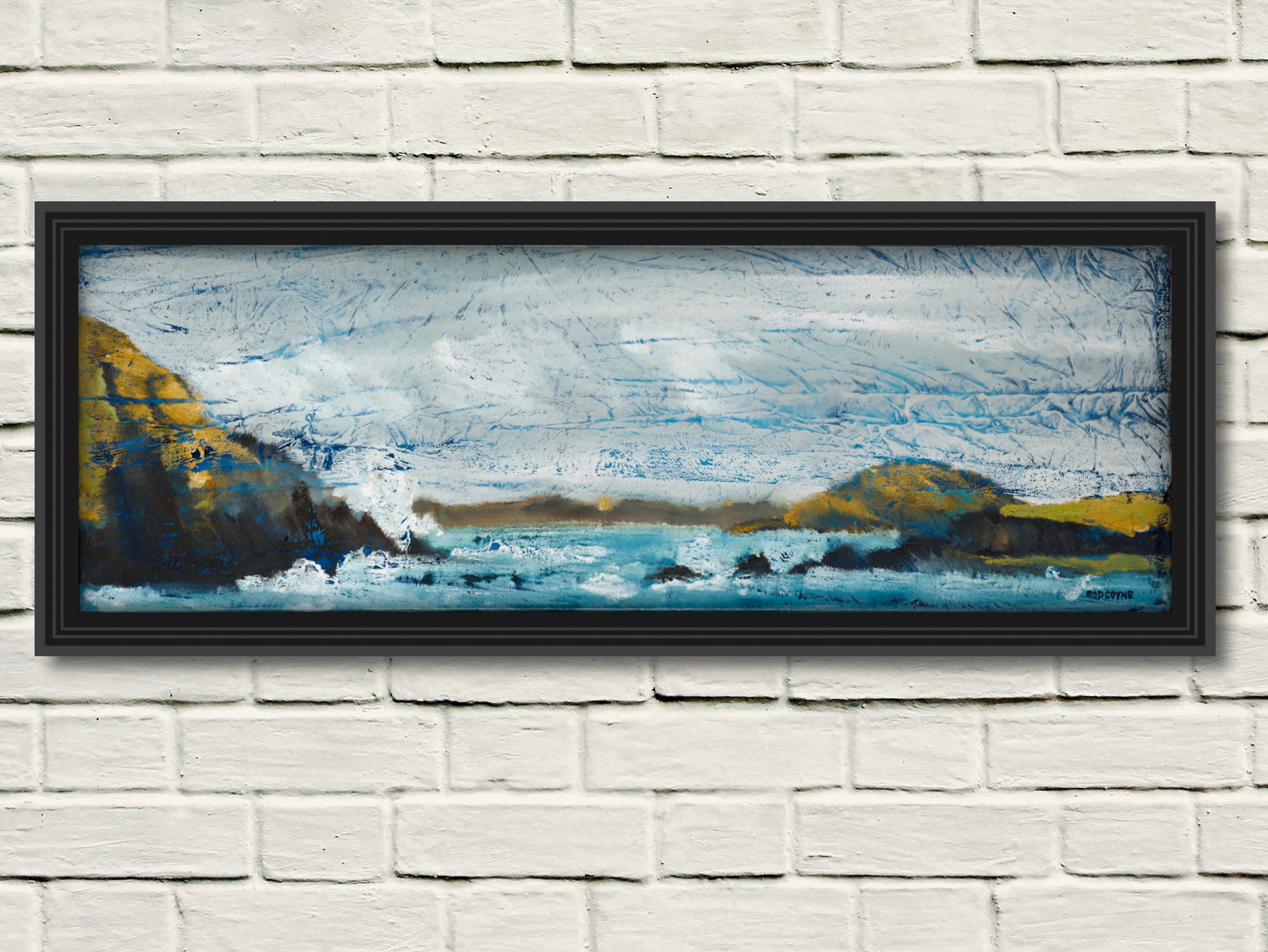 rod coyne's painting Ladys-Ruff Icing in a black frame on a white wall.