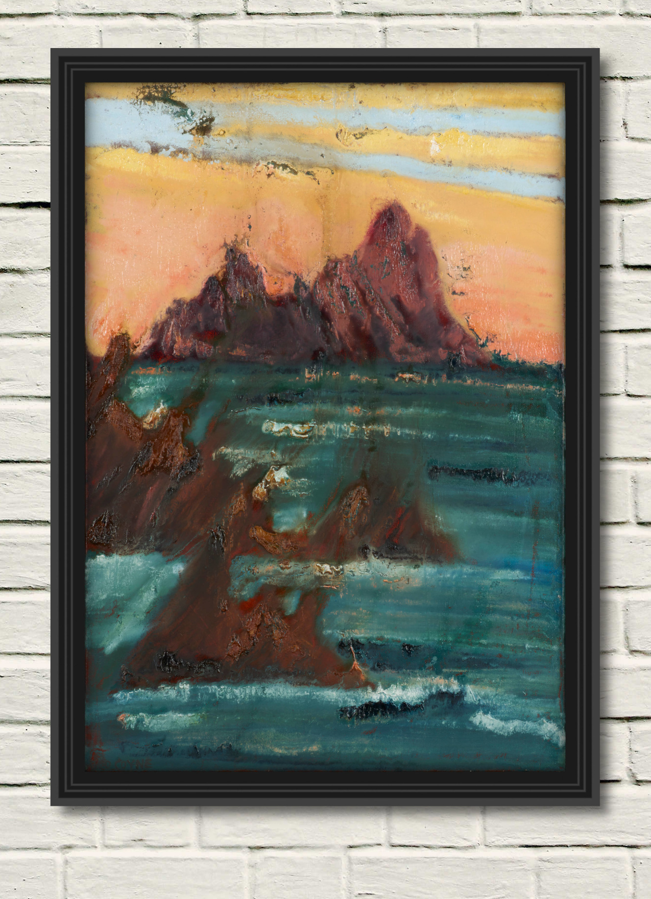 artist Rod Coyne's painting "skellig blush" is shown here in a black frame on a white wall.