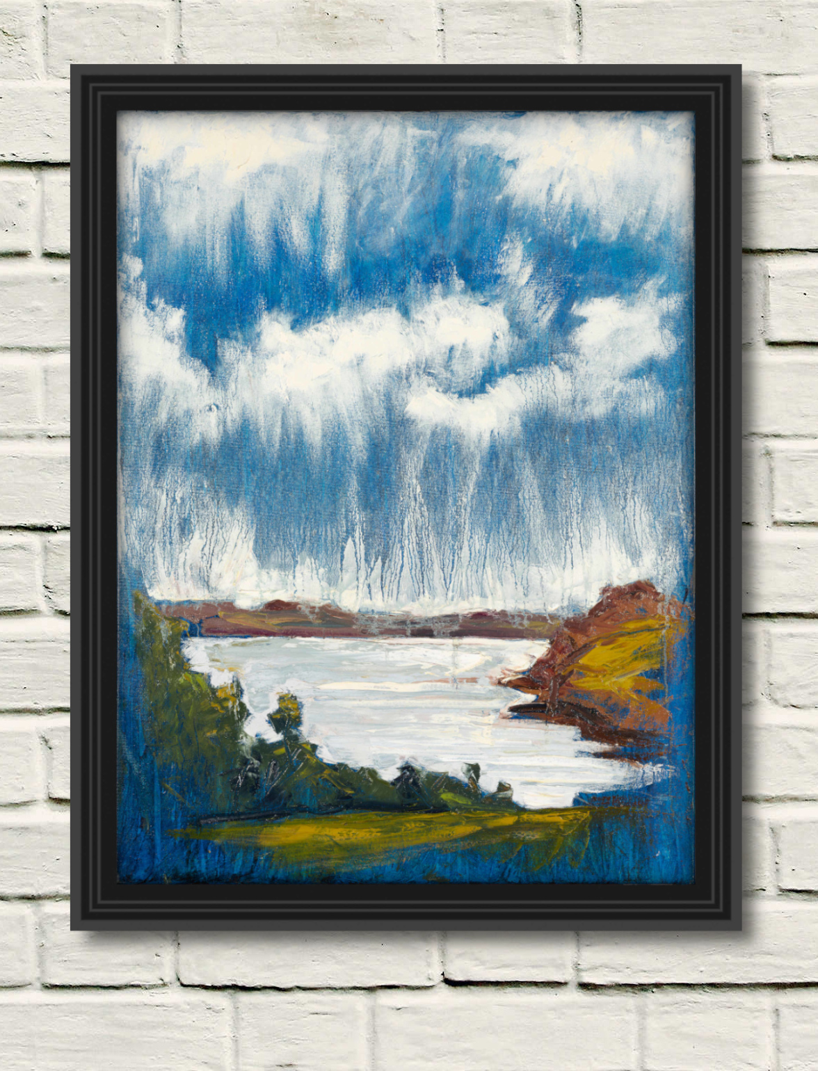 artist rod coyne's painting "Cornwall, River Fal" is shown here in a black frame on a white brick wall.