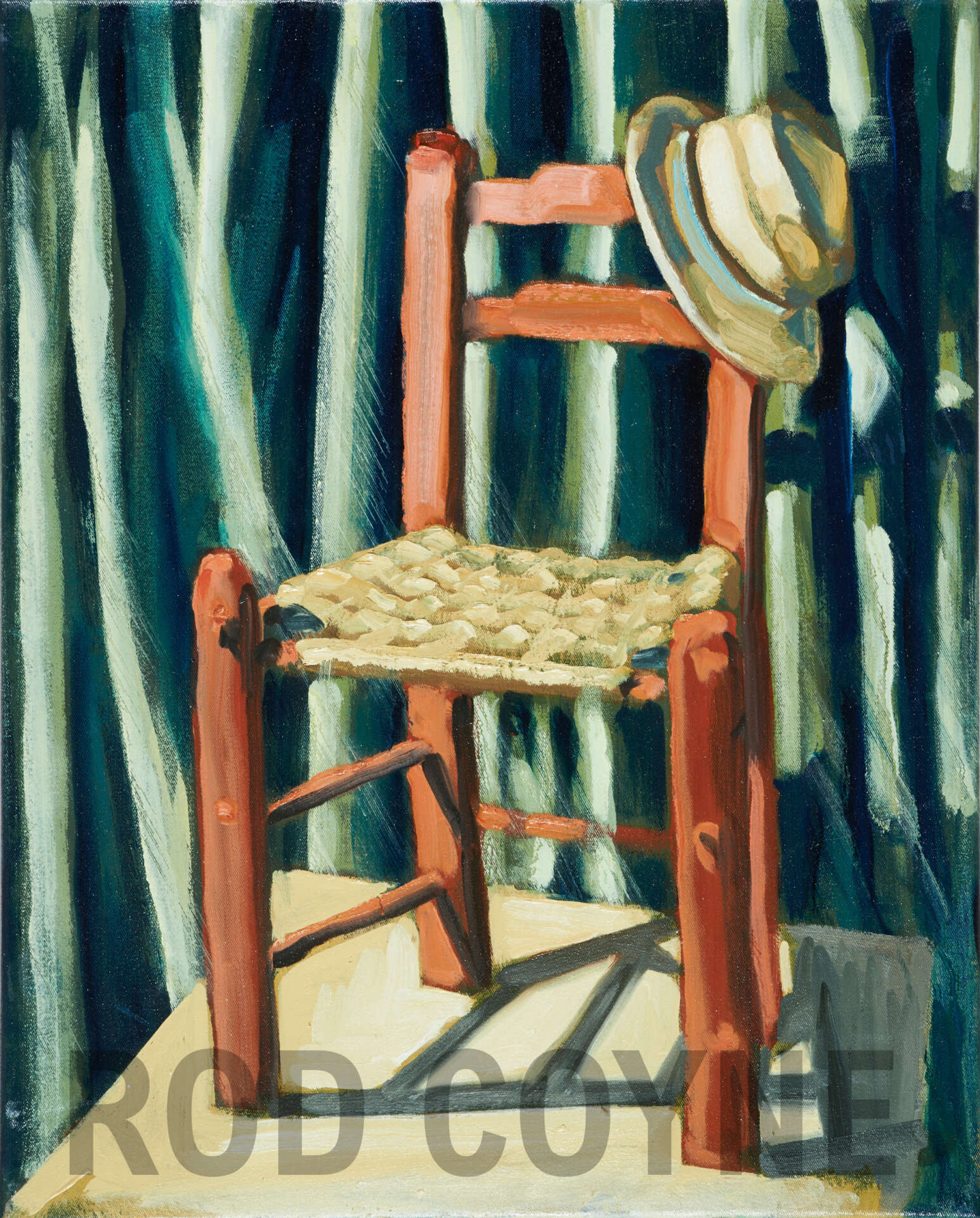 artist rod coyne's still life painting "bockady chair" is shown here, watermarked.