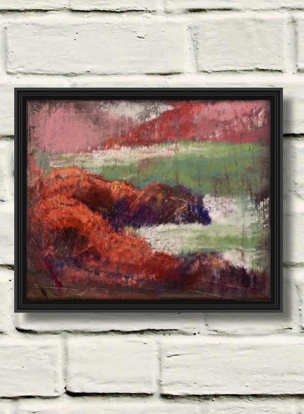 artist rod coyne's painting "at horse island" is shown here in a black frame on a white wall.