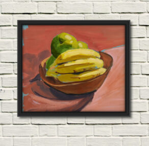 artist rod coyne's still life "fruit bowl" painting is shown here, in a black frame on a white wall..
