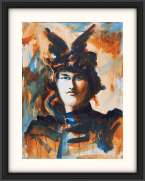 artist rod coyne's portrait "Maud Gonne 1916" is shown here, on a white mount in a black frame.