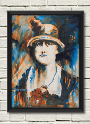 artist rod coyne's portrait "Jeannie Wyse-Power 1916" is shown here, in a black frame on a white wall.