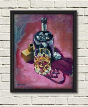 artist rod coyne's still life painting "ultimate fathers day" is shown here, as a canvas print framed in black on a white wall.
