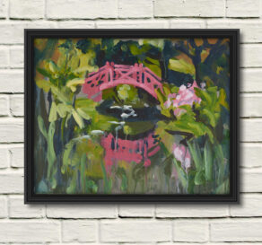 artist rod coyne's landscape painting "knockanree japanese bridge" is shown here, in a black frame on a white wall.