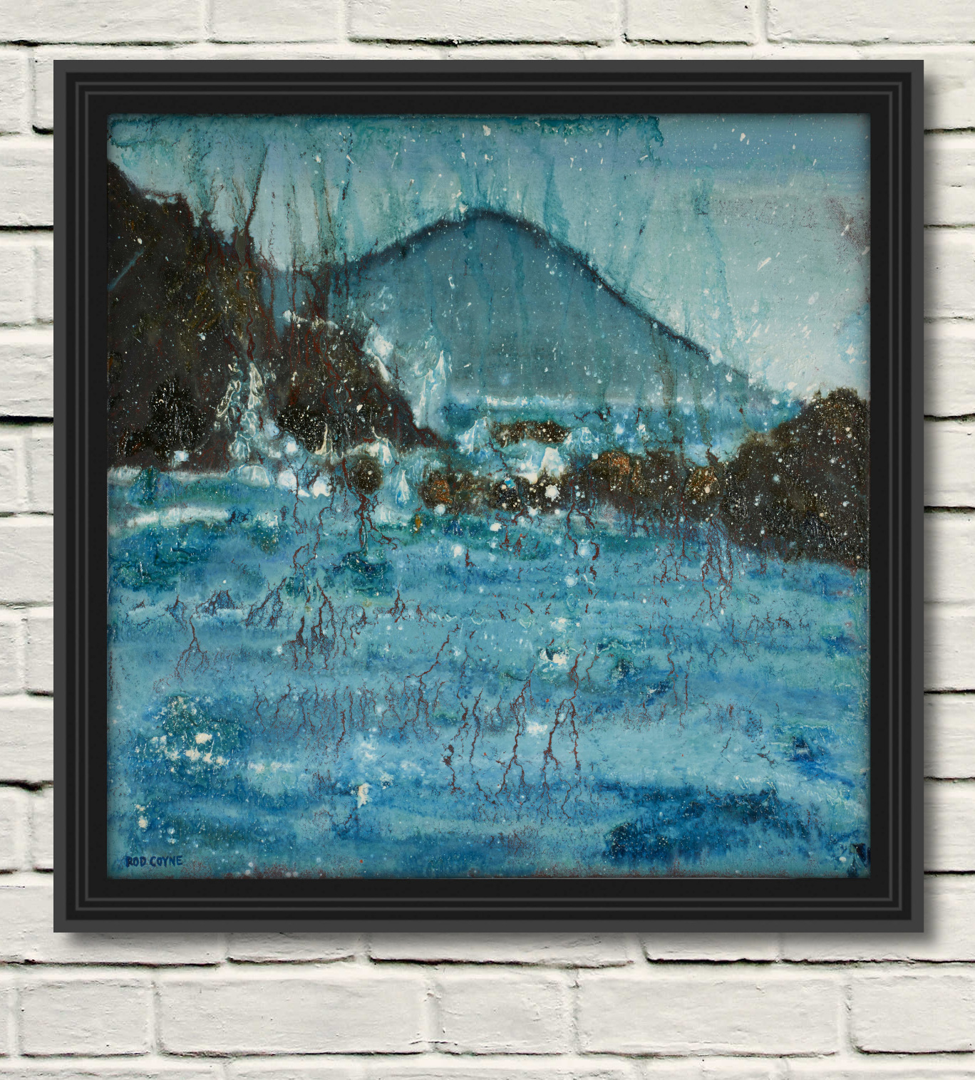 artist rod coyne's seascape "seaspray southwest" is shown here, in a black frame on a white wall.