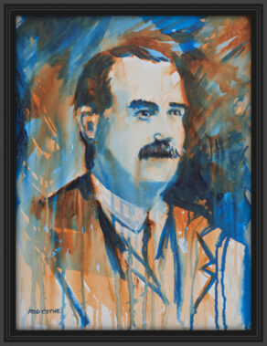 artist rod coyne's portrait "James Connolly 1916" is shown here, in a black frame on a white wall.