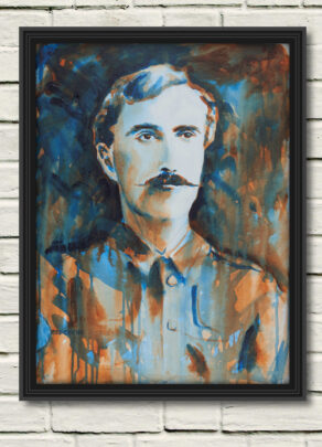artist rod coyne's portrait "The O'Rahilly 1916" is shown here, in a black frame on a white wall.