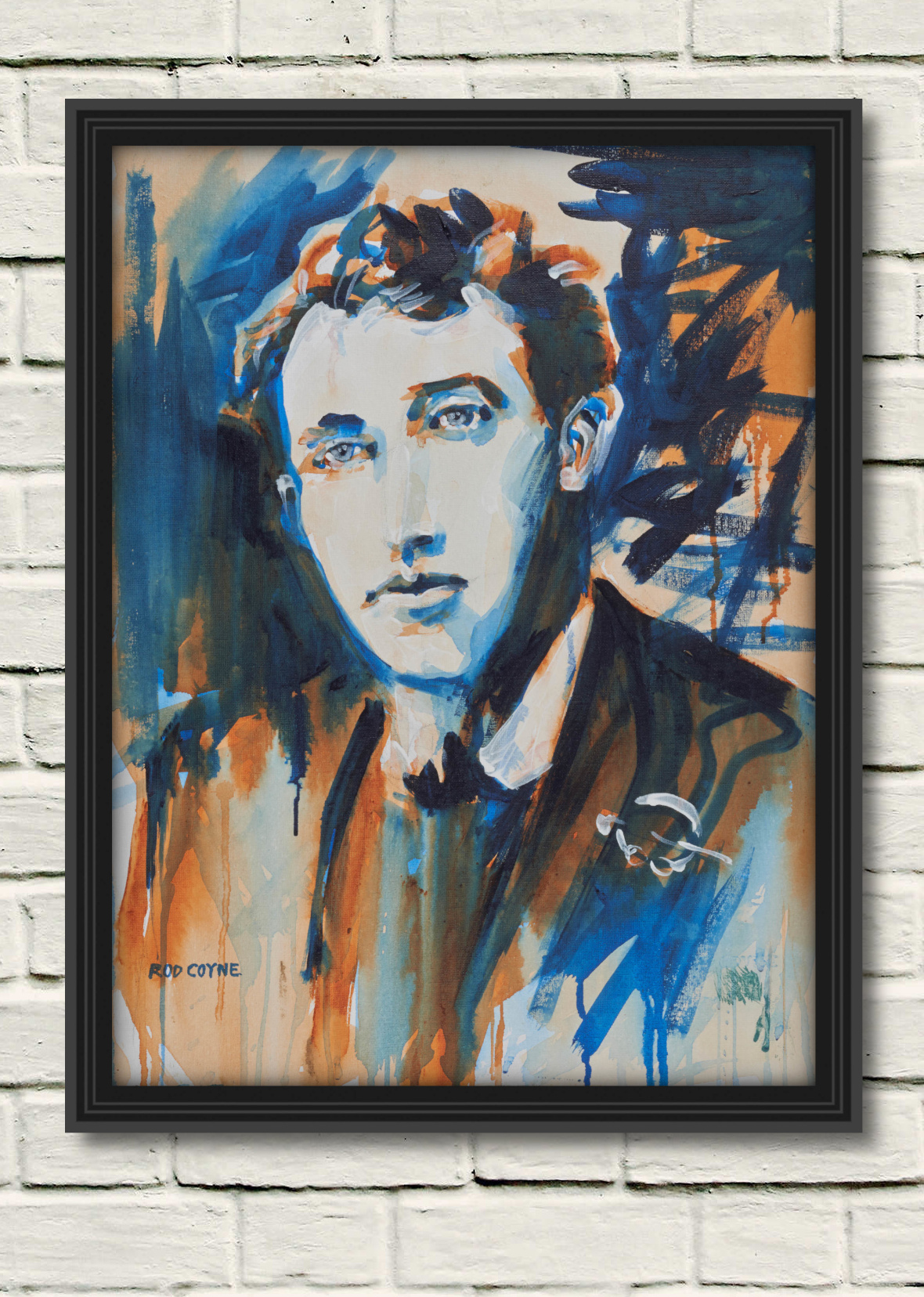 artist rod coyne's portrait "Thomas McDonagh 1916" is shown here, on a white mount in a black frame on a withe wall.