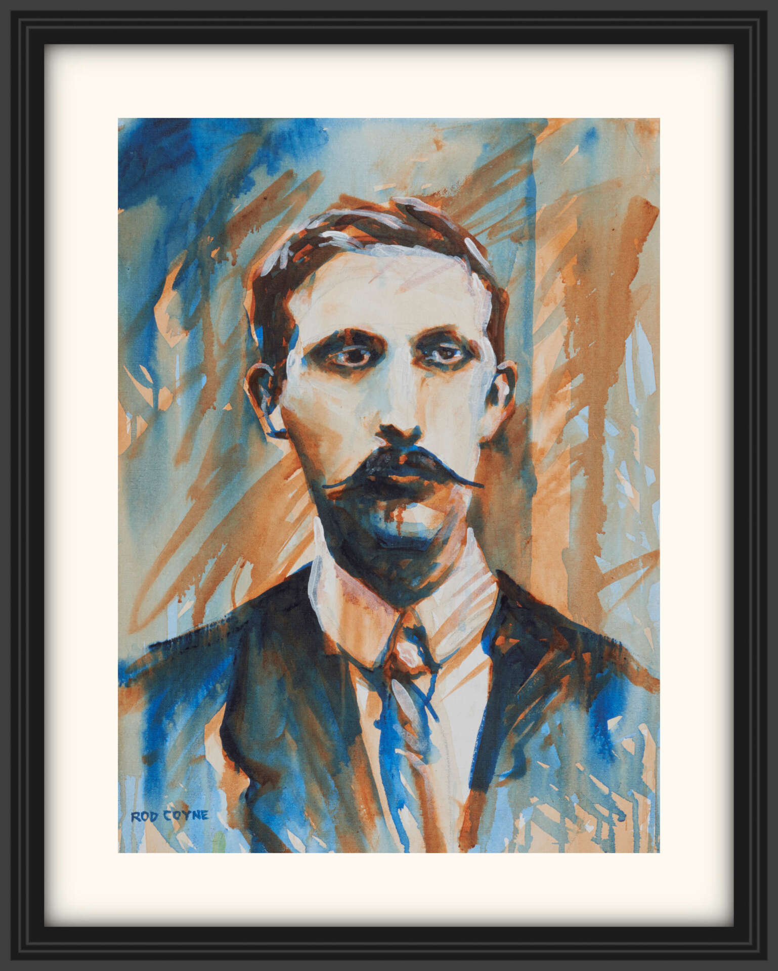 artist rod coyne's portrait "Éamonn Ceannt 1916" is shown here, on a white mount in a black frame.