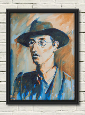 artist rod coyne's portrait "Joseph Mary Plunkett 1916" is shown here, in a black frame on a white wall.