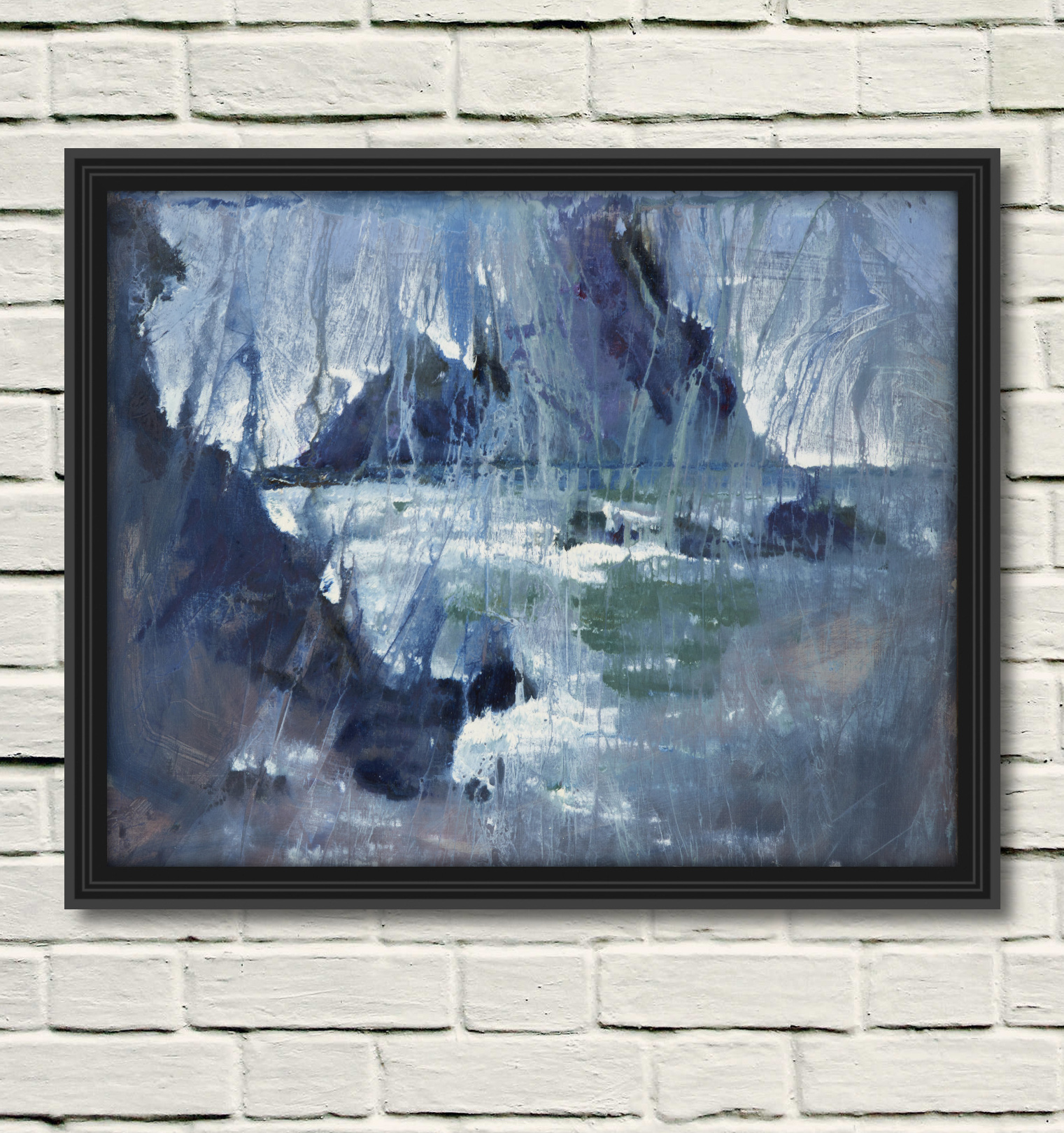 artist rod coyne's seacape "irregular's dream" is shown here, in a black frame on a white wall