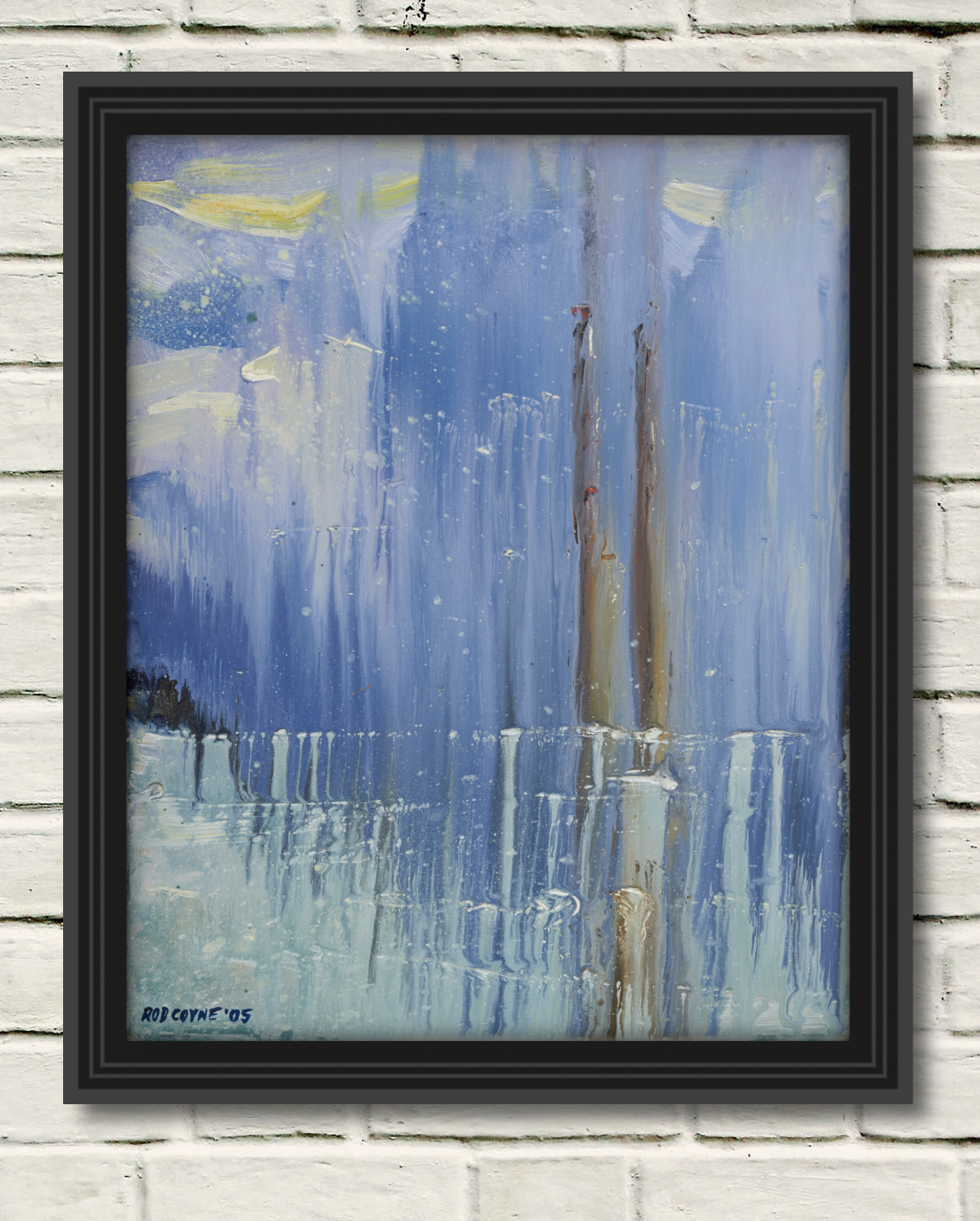 artist rod coyne's seascape "pigeon house on ice" is shown here in a black frame on a white wall.