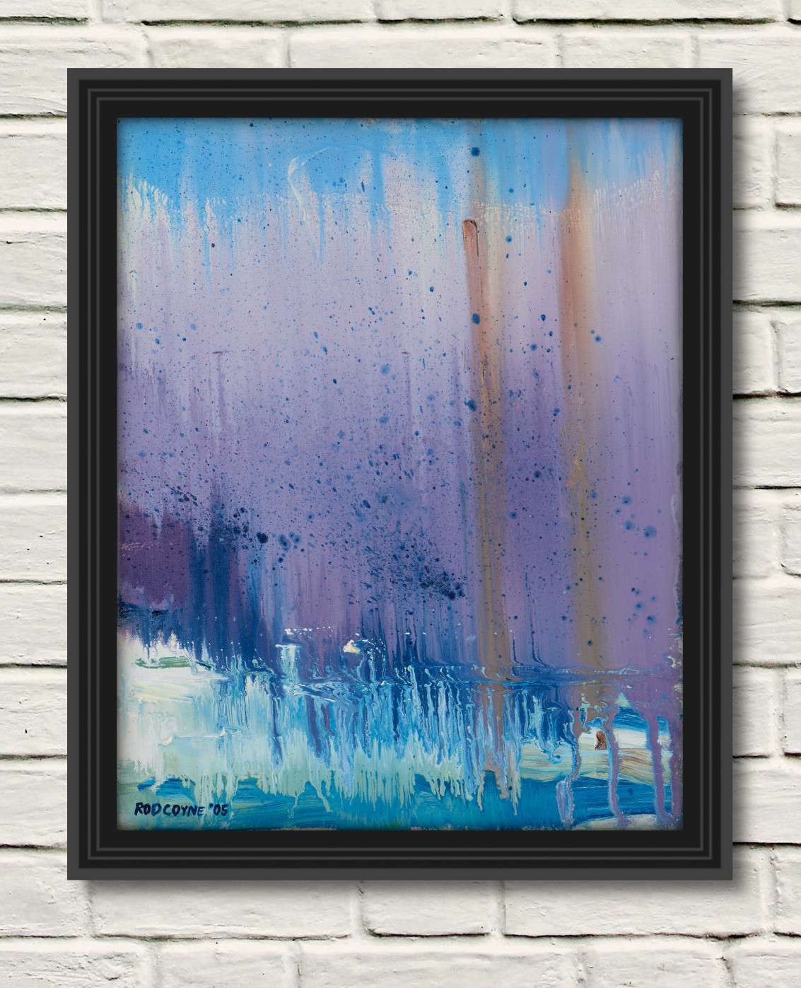 artist rod coyne's seascape "pigeon house mirage" is shown here in a black frame on a white wall.