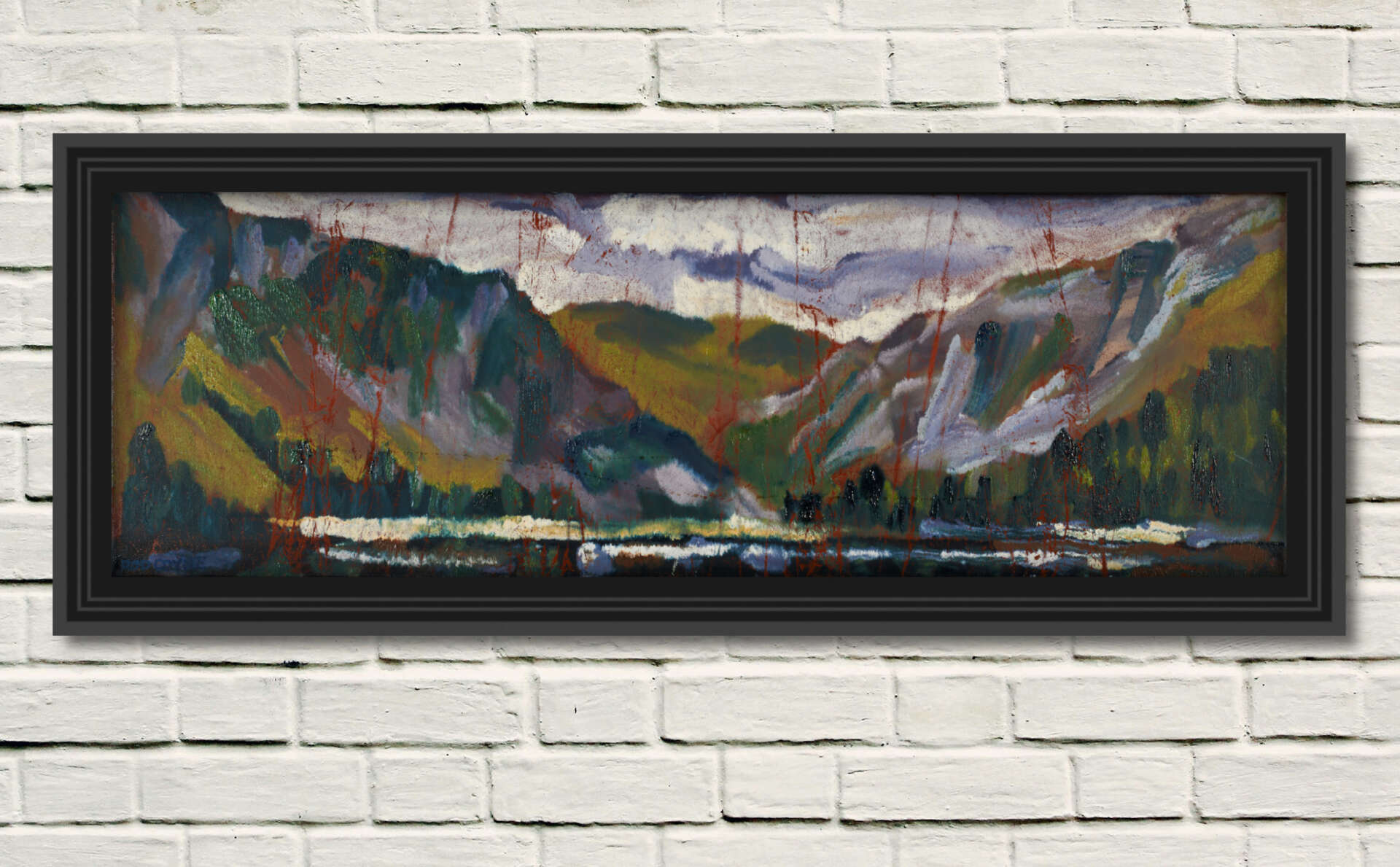 artist rod coyne's seascape "st. kevin's bed" is shown here in a black frame on a white wall.
