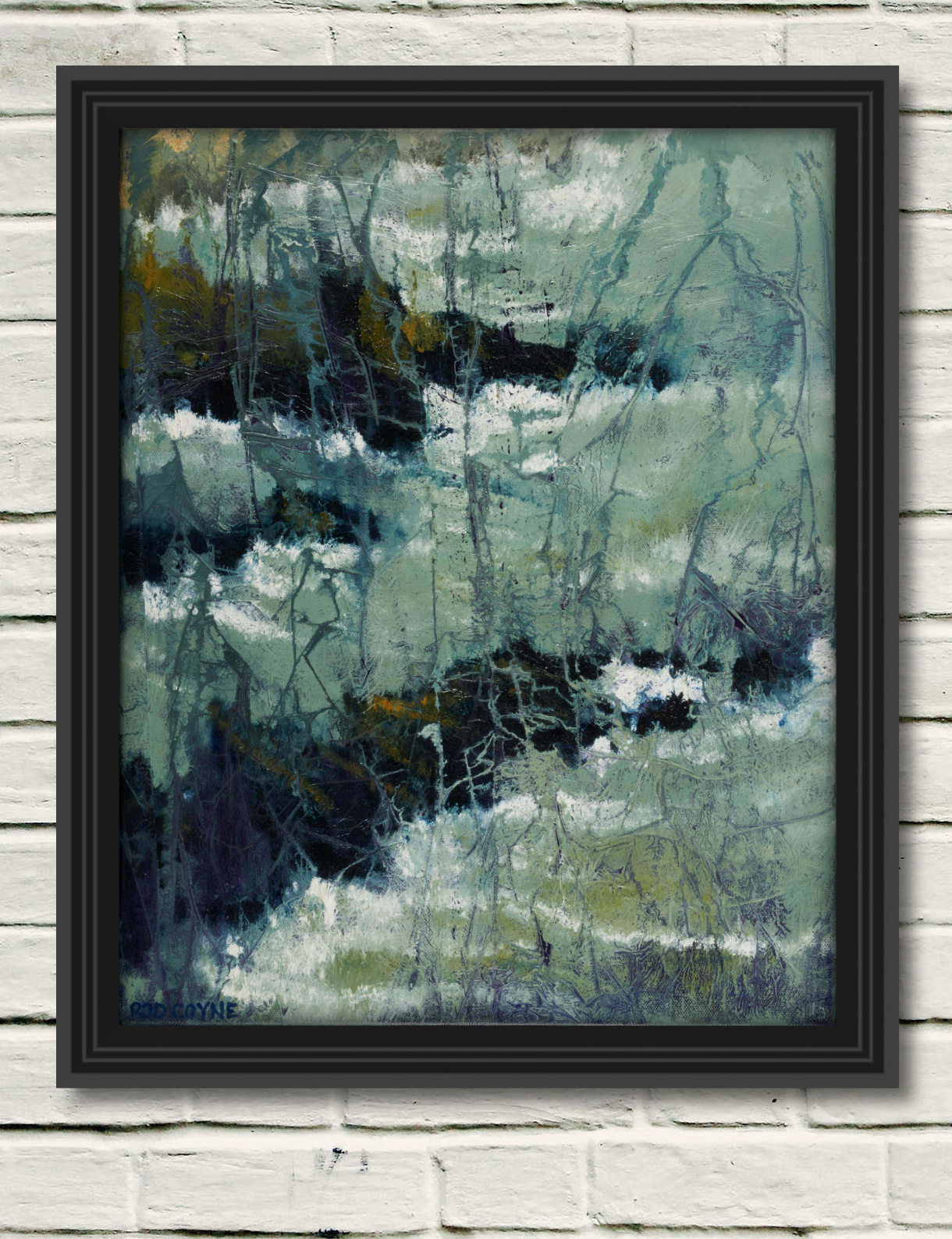 artist rod coyne's seascape "kilmichael rocks" is shown here in a black frame on a white wall.