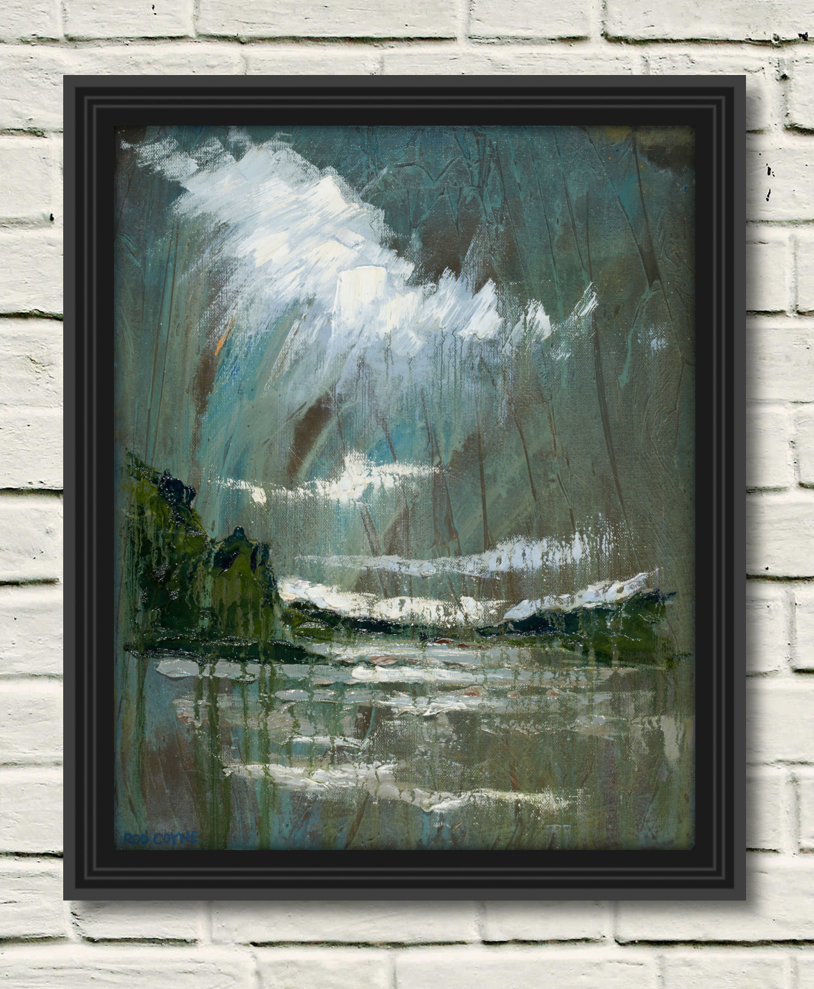 artist rod coyne's seascape "slaney estuary" is shown here in a black frame on a white wall.