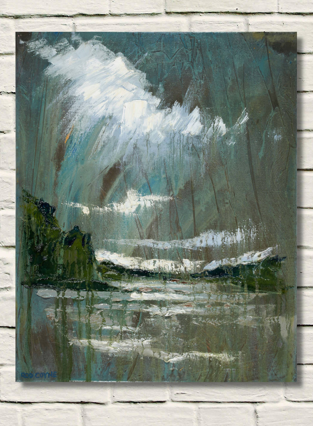 artist rod coyne's seascape "slaney estuary" is shown here unframed on a white wall.