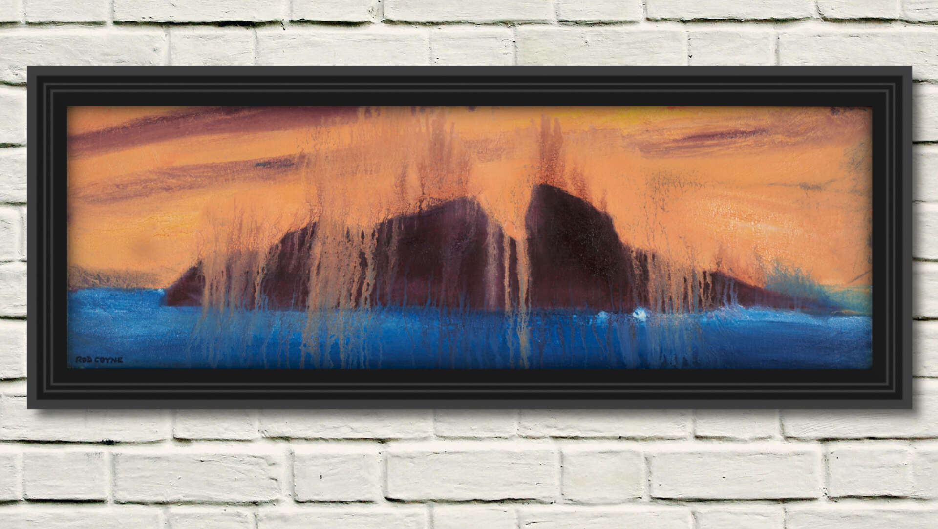artist rod coyne's seascape "puffin meltdown" is shown here in a black frame on a white wall.
