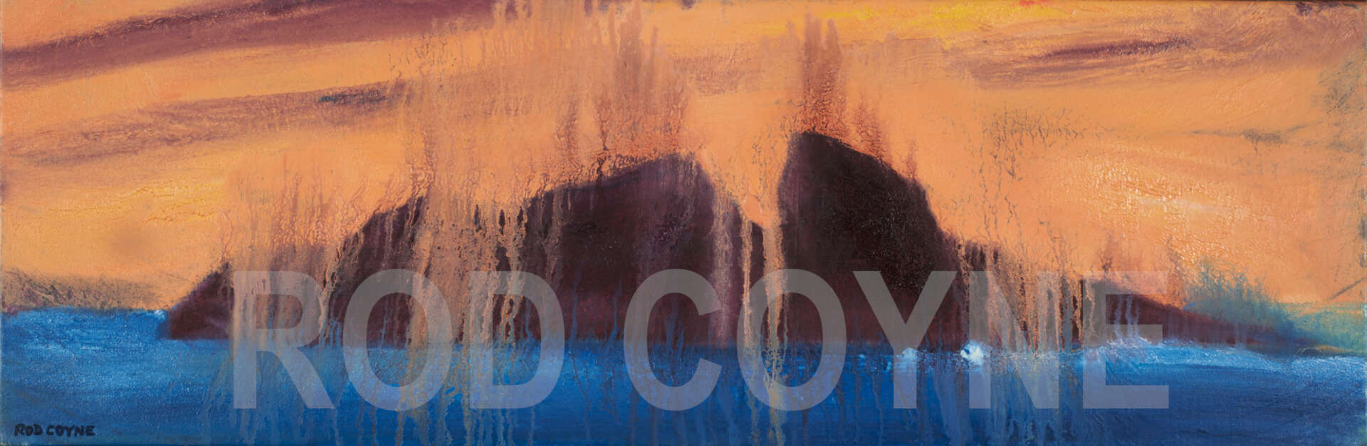 artist rod coyne's seascape "puffin meltdown" is shown here with watermarked.