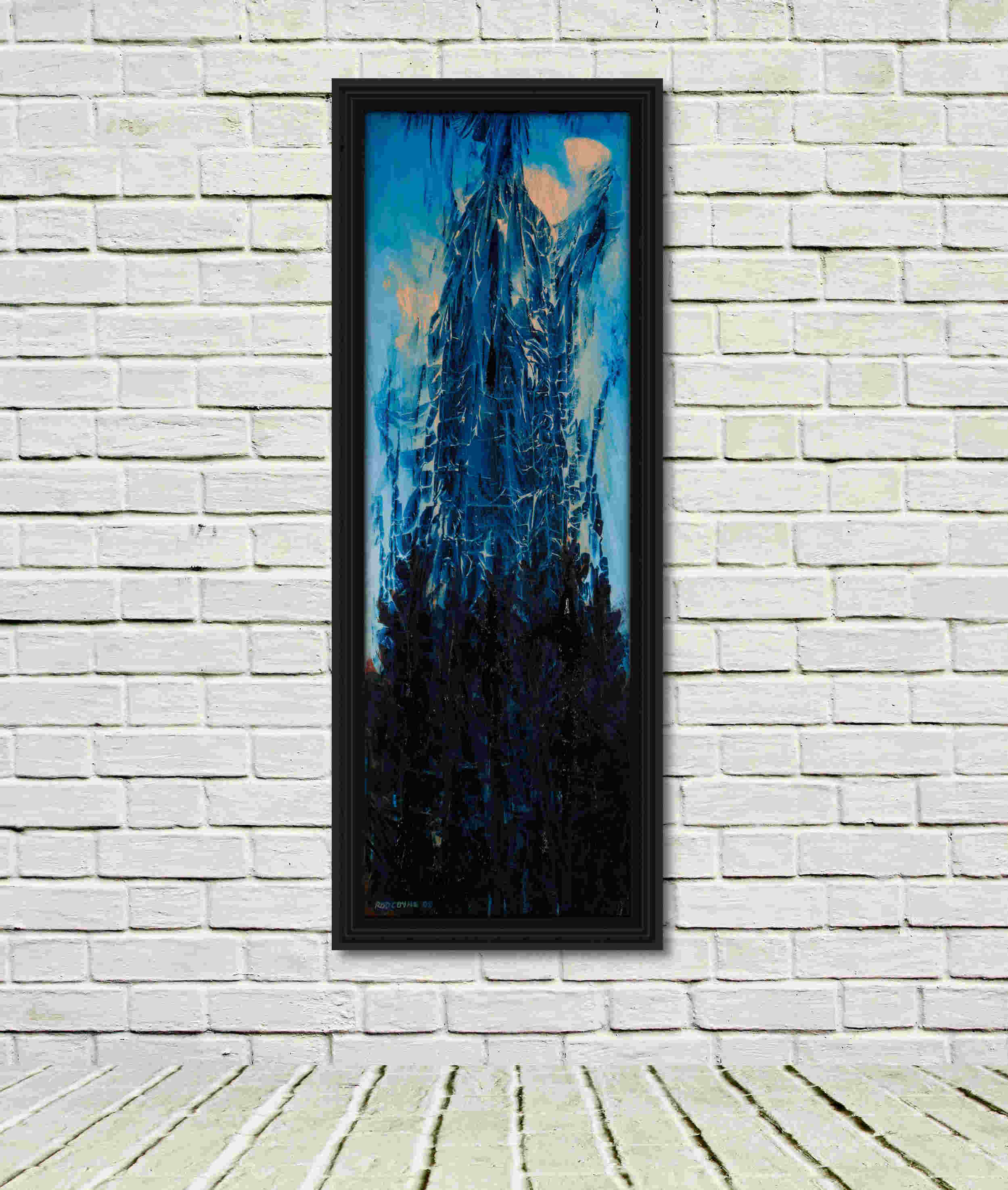 artist rod coyne's landscape "Tony's Trees" is shown here in a black frame on a white wall.