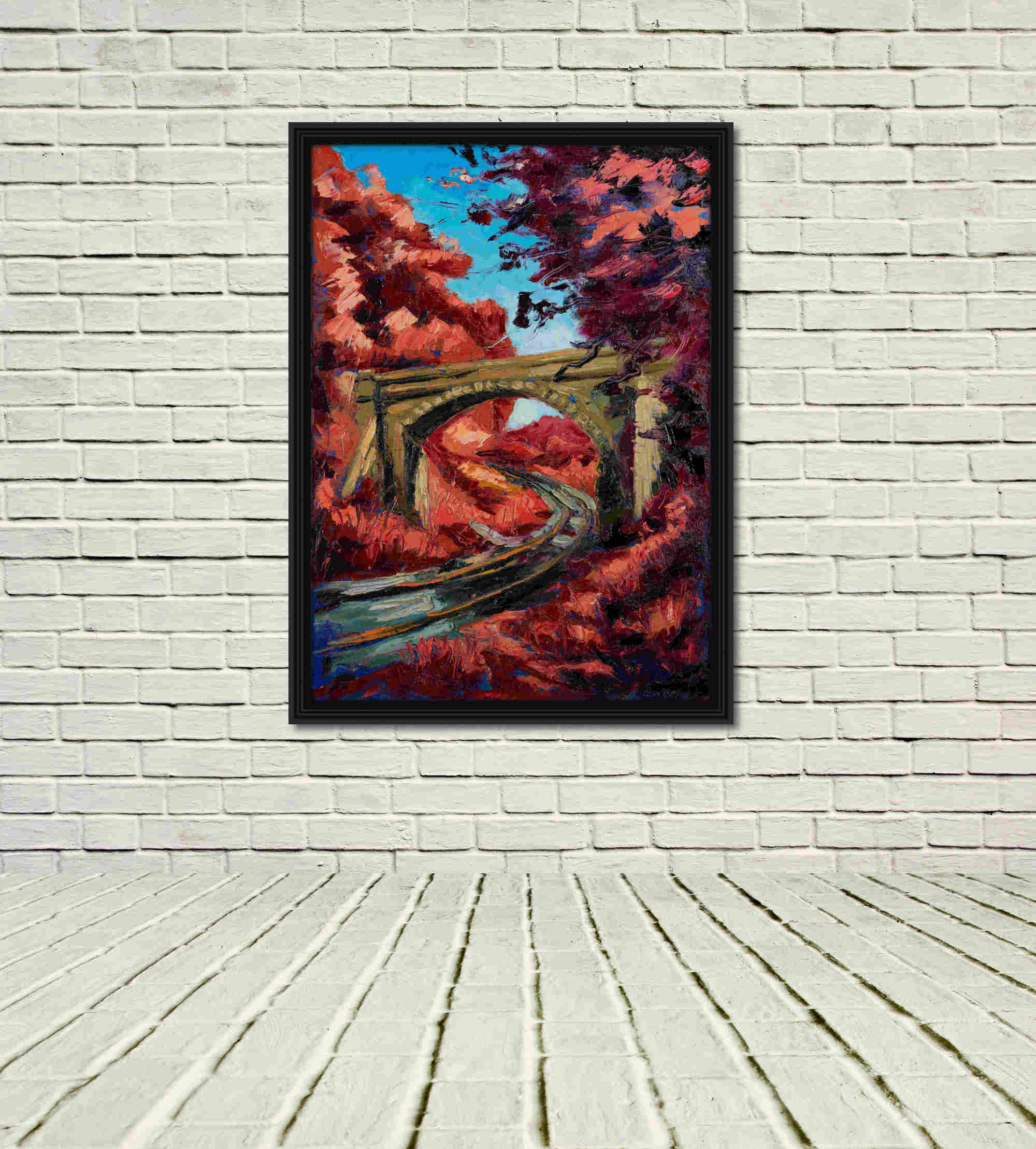artist rod coyne's landscape "Lion's Arch" is shown here, in a black frame in a white room.