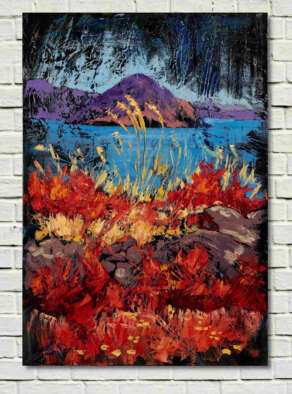 artist rod coyne's landscape "Hog's Head Breeze" is shown here, unframed on a white wall.